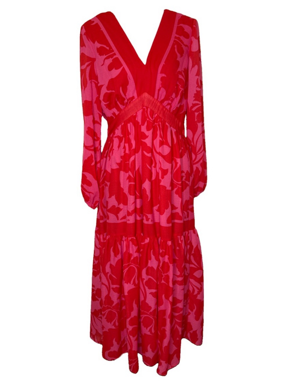 Zarr Collection pink red pattern tiered boho style v neck maxi dress